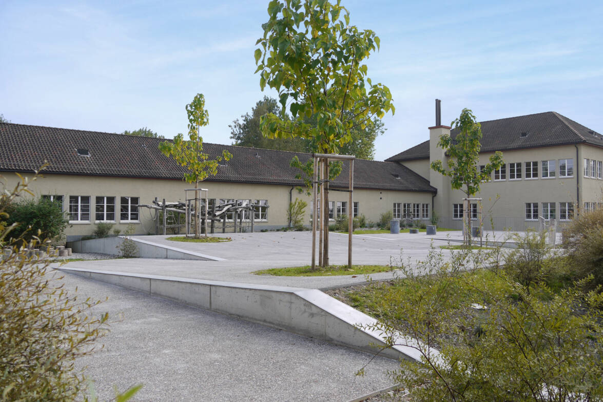 Pausenplatz mit schattenspendenden Bäumen