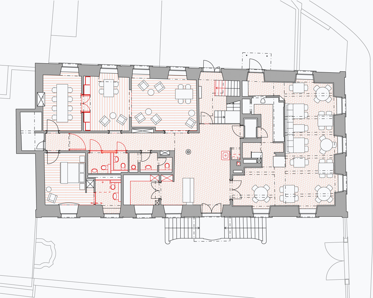 Umgebung mit Erdgeschossgrundriss, Hotel- und Restaurantlobby, Aufenthaltsbereiche und Besprechungszimmer