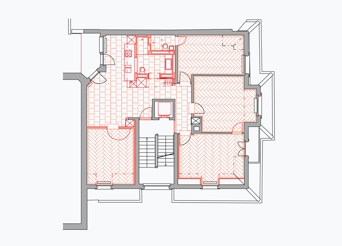 Grundriss 1. Dachgeschoss, Zusammenlegung von Wohnung links und rechts
