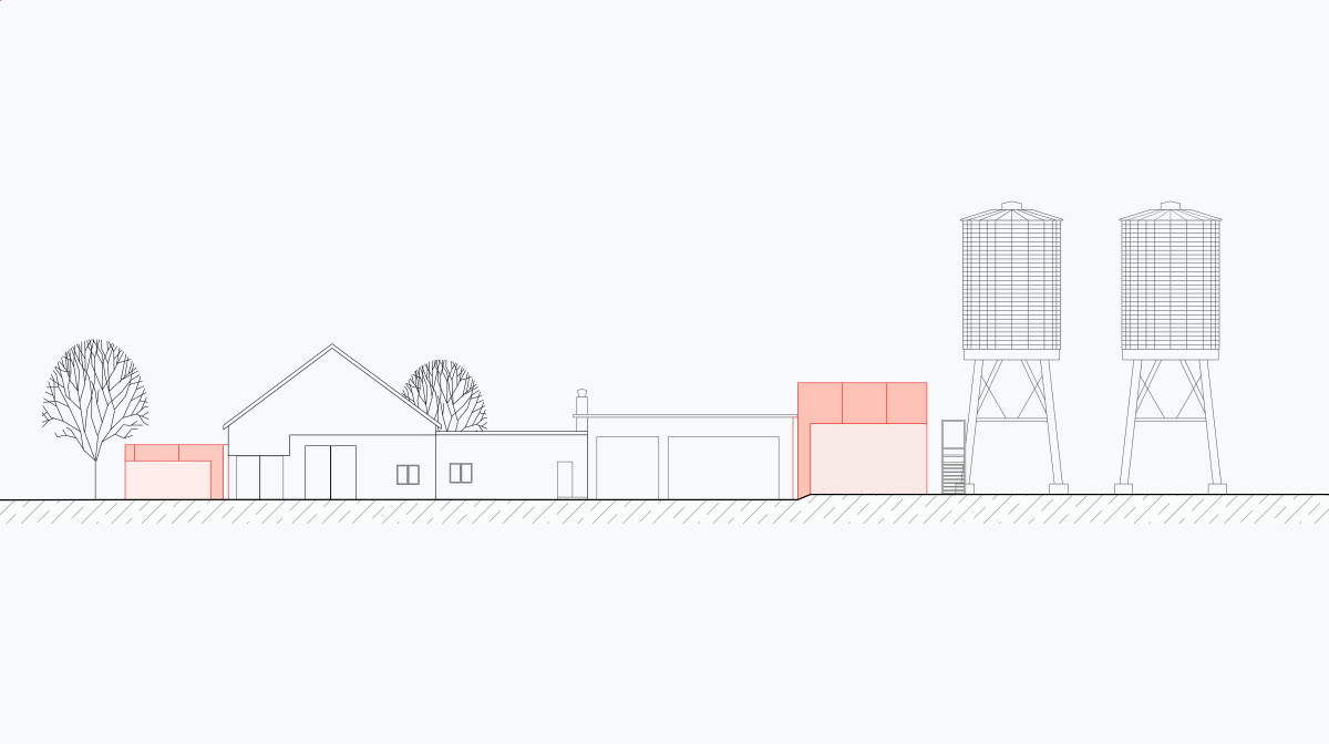 Gesamtansicht Nordfassade, Bestand mit Erweiterung