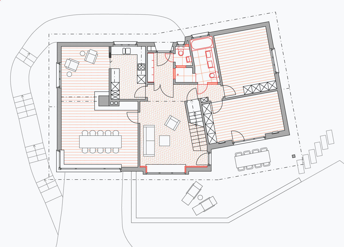 Umgebung mit Erdgeschossgrundriss, Wohnhalle mit Treppe