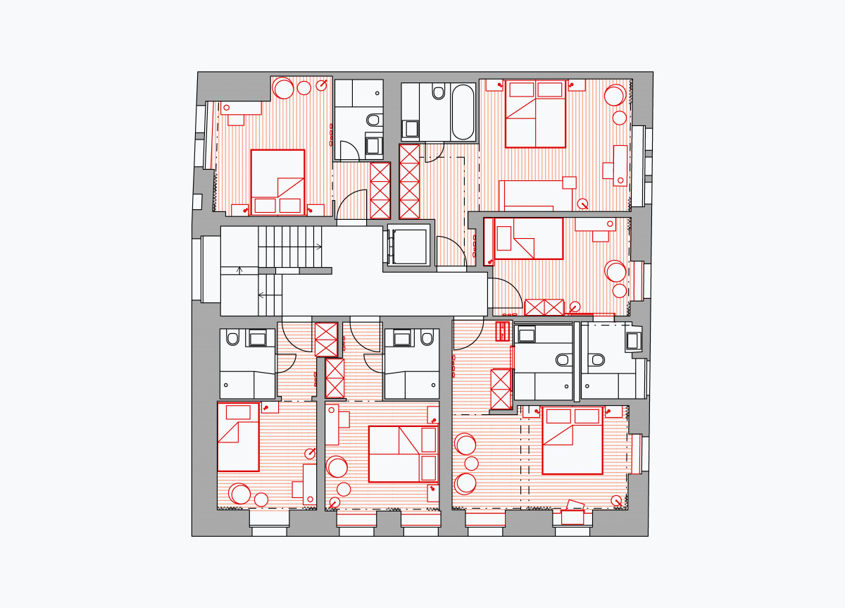 4. Obergeschoss, mit diversen Hotelzimmertypologien